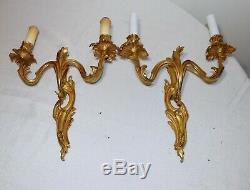 Pair antique ornate dore bronze Rococo wall mount candle sconce fixtures brass