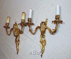 Pair antique ornate dore bronze Rococo wall mount candle sconce fixtures brass