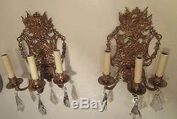 Pair antique ornate gilt Victorian electrified wall sconce candle holders brass