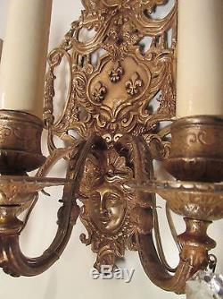 Pair antique ornate gilt Victorian electrified wall sconce candle holders brass