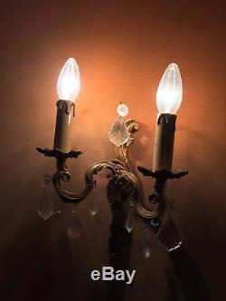 Pair french Antique Louis XV bronze wall light sconces fixtures crystal pendants