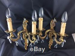 Pair french Antique Louis XV bronze wall light sconces fixtures crystal pendants
