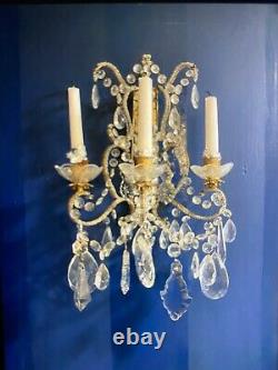 Pair ofAntique French Crystal Beaded Candelabra Wall Sconce Mirror ITALIAN