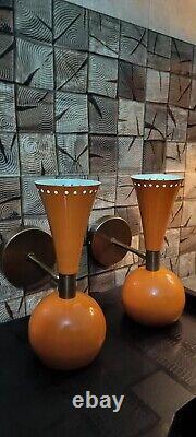 Pair of 1950s Italian Diablo Wall Sconce Shiny Orange 1950's Mid Century Brass