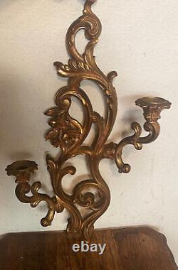 Pair of 2 Vintage SYROCO Gilt Gold Wood Double Arm Wall Candle Sconces, 21