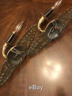 Pair of 2 antique Victorian ornate brass electric wall sconces 1 Lights 14,5H