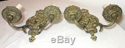 Pair of 2 antique Victorian ornate gilt brass electric wall sconces fixtures