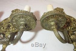 Pair of 2 antique Victorian ornate gilt brass electric wall sconces fixtures