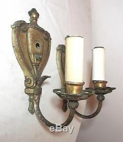 Pair of 2 antique ornate cast brass single arm electric wall fixture sconces