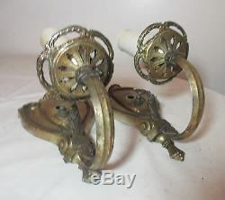 Pair of 2 antique ornate cast brass single arm electric wall fixture sconces