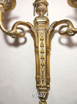 Pair of 2 vintage ornate thick gilt brass candle holder wall sconces fixtures