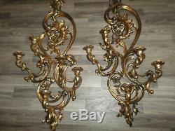 Pair of 35 x 16 Vintage Ornate Gold/ Brass Tone Syroco 5 Arm Wall Candle Sconce