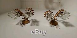 Pair of Antique 1920s Bronze Wall sconces with 2 lights& Prisms, Portugal
