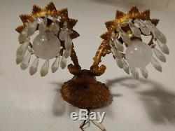 Pair of Antique 1920s Bronze Wall sconces with 2 lights& Prisms, Portugal