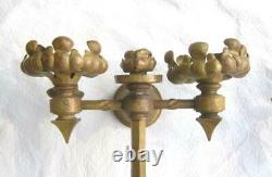 Pair of Antique 2 Arm Wall Sconces Gold Metal Floral Gothic Gas Candle Historic
