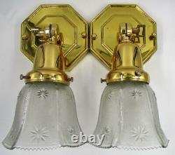 Pair of Antique Brass Wall Sconces Single Arm One Light Restored with Glass Shades