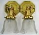 Pair of Antique Brass Wall Sconces Single Arm One Light Restored with Glass Shades