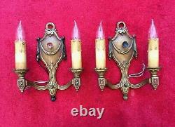Pair of Antique Electric Brass Neo Classical Gothic Wall Sconces 1920s 11.5H