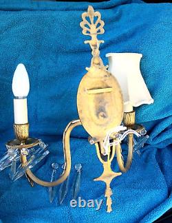 Pair of Antique French Gilt & Crystal Candelabra Wall Sconces withShades