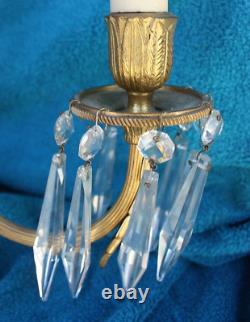 Pair of Antique French Gilt & Crystal Candelabra Wall Sconces withShades