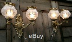 Pair of Antique Gilt Bronze Wall Sconces with Acid Etched Cut Glass Shades