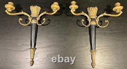 Pair of Antique MCM Louis XVI French Style Sconces Candle Holders Brass 2 Arms