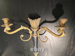 Pair of Antique MCM Louis XVI French Style Sconces Candle Holders Brass 2 Arms