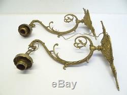 Pair of Antique Old Brass Metal Electric Single Socket Wall Sconces Lighting