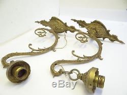 Pair of Antique Old Brass Metal Electric Single Socket Wall Sconces Lighting