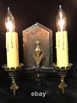 Pair of Antique Tudor Gothic Medieval Double Candle Wall Sconce Lights- Rewired