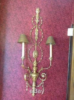 Pair of Antique Vintage Italian Wood Carved Wall Sconce Wired Candle Style Lamps