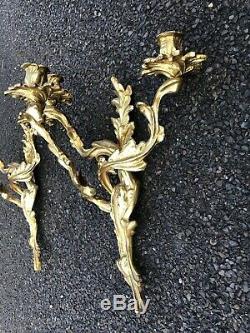 Pair of Antique Wall Hanging Solid Brass Candle Holders Sconces Very Heavy