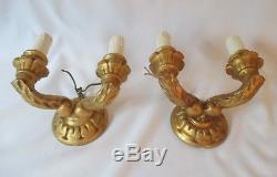Pair of Antique or Vintage Italian Gessoed & Gilded Wooden Electric Wall Sconces