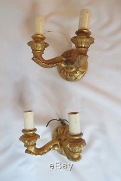 Pair of Antique or Vintage Italian Gessoed & Gilded Wooden Electric Wall Sconces