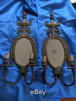 Pair of Authentic Vintage Brass Wall Sconce Candle/light Holders Glass Mirror