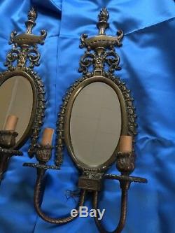 Pair of Authentic Vintage Brass Wall Sconce Candle/light Holders Glass Mirror