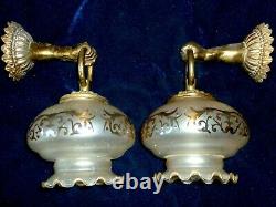Pair of Beautiful French Antique Gilded Bronze / Brass Wall Sconces Hand & Shade