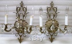 Pair of Brass & Crystal Regency Style Sconces Vintage Antique Style Wall Lights
