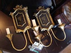 Pair of Chinese Chinoiserie Style Black & Gold Pagoda Top Electric Wall Sconces