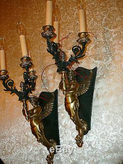 Pair of Empire Style Candelabras Wall Sconces Winged Mermaids Cariatides 19x7