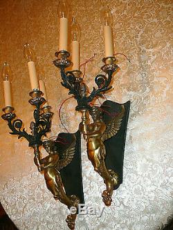 Pair of Empire Style Candelabras Wall Sconces Winged Mermaids Cariatides 19x7