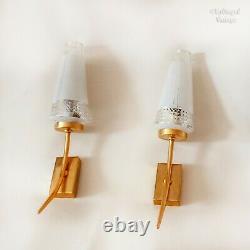 Pair of FRENCH Vintage MCM Gold Metal 50s/60s Wall Lights with Glass Cone Shades