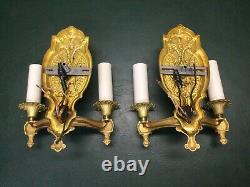 Pair of Fine Art Deco Painted Brass Wall Sconces Light Fixtures