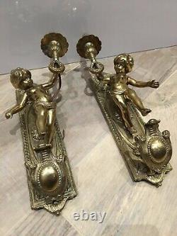 Pair of French Antique Bronze Wall Sconces Cupid Putti Angels Cherub