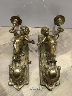 Pair of French Antique Bronze Wall Sconces Cupid Putti Angels Cherub