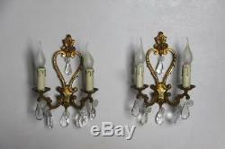 Pair of French Bronze Wall Sconces with Hanging Glass Crystals