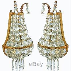 Pair of French Empire Bronze Mirrored Crystal Double Light Sconces / Wall Lights
