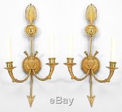 Pair of French Empire Style (20th Cent.) Gilt Bronze 2 Arm Wall Sconces