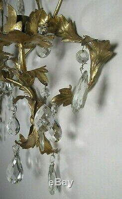 Pair of French Empire Style Gilt Metal 2 Candle Wall Sconces Crystal Tear drop