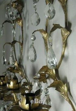 Pair of French Empire Style Gilt Metal 2 Candle Wall Sconces Crystal Tear drop